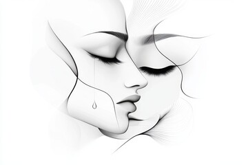 Aufkleber - A minimalist illustration of a face with furrowed brows and a single tear, drawn in bold, simple lines to convey worry and emotion