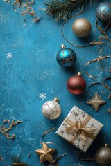 Wall Mural - A blue background with a white box and a bunch of Christmas ornaments. The ornaments are of different colors and sizes, and they are scattered around the box. Scene is festive and joyful