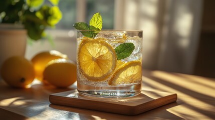 Wall Mural - Refreshing lemon mint drink served on a wooden table in a sunlit kitchen