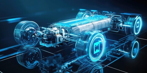 Wall Mural - a technical illustration of a hydrogen carâ€™s drivetrain.