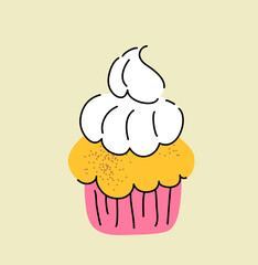 Wall Mural - Cupcake with whipped cream on light background, cute hand drawn illustration, drawing, flat style