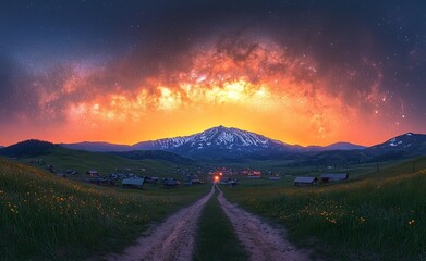 Wall Mural - during the summer night, an arched milky way arches over the breathtaking snow-covered mountains. th