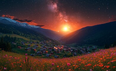 Wall Mural - a breathtaking arch of the milky way stretches over snow-capped mountains at night during summer. th