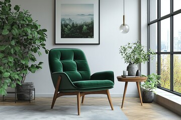 Wall Mural - In a modern Nordic-inspired living space, a design armchair, black mock-up poster frame, commode, wooden stool, plant, decoration, loft wall, and personal accessories come together to create a