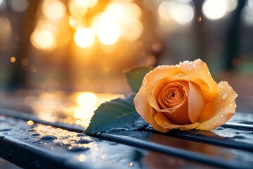Poster - A single rose lying on an empty park bench, its petals beginning to wilt under the soft afternoon light
