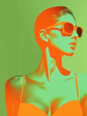 Wall Mural - A woman wearing a bikini and sunglasses is the main focus of the image. The woman is wearing a bright orange top and is standing in front of a green background