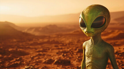 Wall Mural - an alien spotted on mars, with a large head and humanoid body, a science fiction scene set on the re
