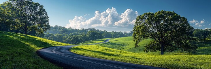 Canvas Print - Picturesque banner of a tranquil countryside, highlighting a wide expanse of cereal field and a pasture split by an abandoned asphalt road, set against a bright blue summer sky