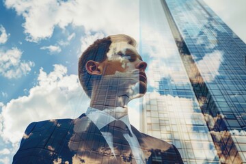 Wall Mural - A man in a suit is looking up at the sky, with a building in the background. The image has a sense of reflection and depth, as if the man is looking through a window or a mirror