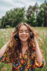 Wall Mural - A woman is sitting in a field, wearing headphones and smiling. Concept of relaxation and enjoyment