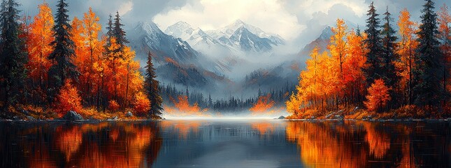 Wall Mural - An art acrylic oil painting depicting mountains in a landscape, adorned with gold details, featuring a tree and the reflection of water from a lake