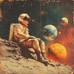Wall Mural - an astronaut embarks on a solitary journey through a surreal collage of planets, with the scene infu