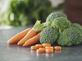 Poster - A bunch of broccoli and carrots are on a table. The broccoli is in the middle and the carrots are on the left