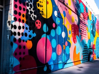 Wall Mural - Illustration of A modern street art mural with bold dot fonts in neon colors, creating a dynamic and edgy vibe. Ai Generate.
