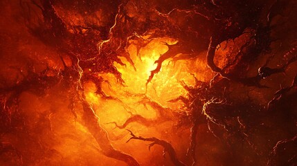 Wall Mural - an abstract representation of fiery chaos, featuring vibrant orange and red hues amidst dark, twiste