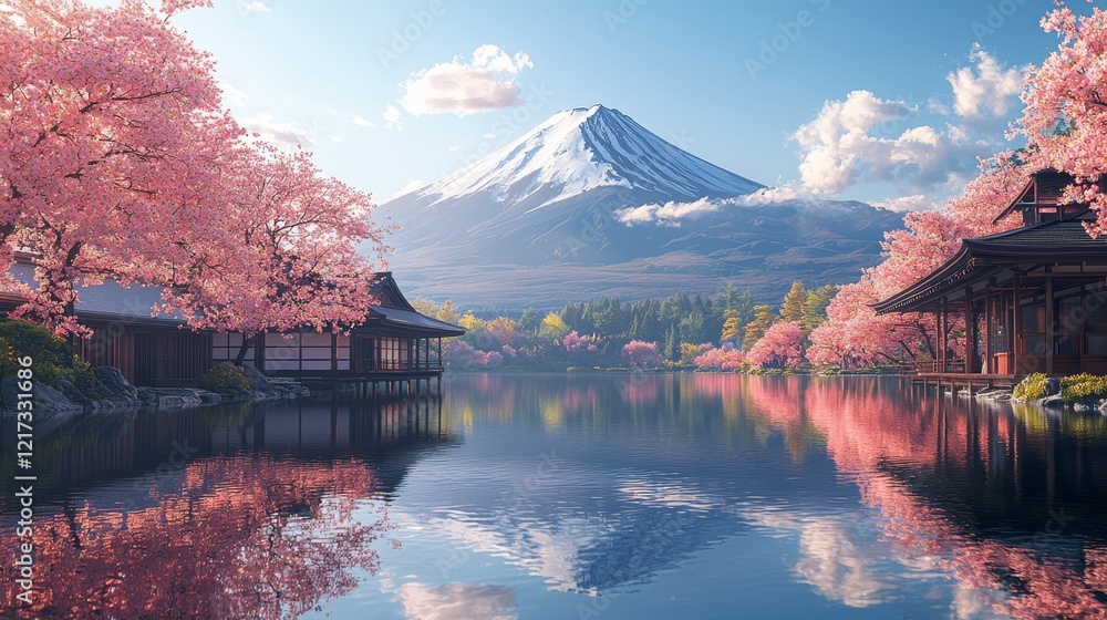 Mount Fuji's grandeur reflected in a calm lake, with cherry blossoms in ...