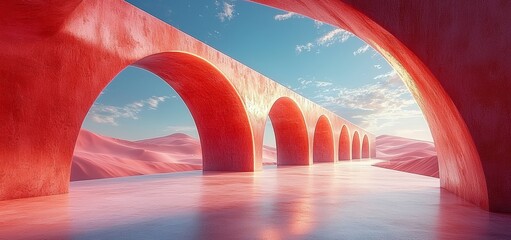 Wall Mural - In an abstract surreal pastel landscape, a modern building and geometric arches are set against a colorful dune scene with copy space, above a blue sky dotted with clouds