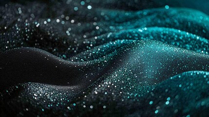 Wall Mural - a mesmerizing close-up of shimmering black fabric, enhanced with sparkling teal particles, creating 