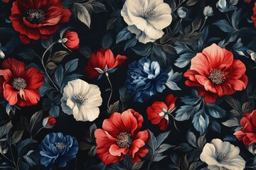 Poster - Digital image of a fabric-like pattern with red and blue flowers on a white background.