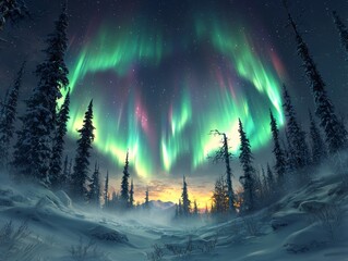 Wall Mural - over a snowy forest, the epic winter scene features magnificent multicolored northern lights, aurora
