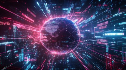 Wall Mural - futuristic digital globe with glowing data streams.