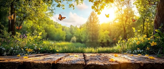 Sticker - Fluttering butterflies and young, green, juicy grass create a vibrant spring nature panorama, set against a blue sky with white clouds