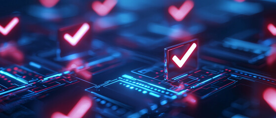 Poster - Red checkmarks on digital circuit board, symbolizing verification