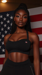  confident African American woman near American flag during Independence day looking at camera
