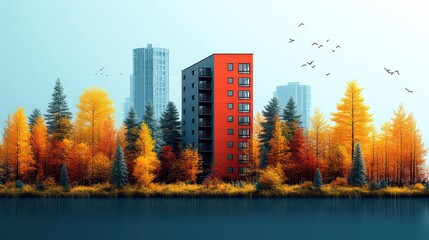 Poster - Modern apartment building amidst autumnal forest and cityscape.