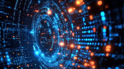 Wall Mural - abstract digital tunnel with glowing lines and data streams.