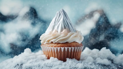 A cupcake resembling a tiny mountain with edible snowcap frosting