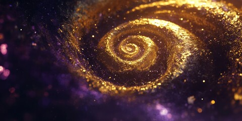 Canvas Print - A mesmerizing effect resembling a spiral galaxy comes alive with vibrant golden and deep purple particles, creating a dynamic cosmic vortex that enchants and mesmerizes the viewers imagination