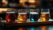 © MrsNoopin - A rustic beer flight with diverse brews in glowing shades on a wooden tray