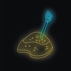 Sticker - Glowing neon shovel digging into a pile of dirt, creating a vibrant and eye catching image against a black background