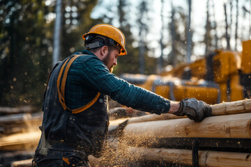 Selective focus lumberjack cutting a wood in the forest, Portrait of carpenter man with chainsaw cutting wooden log.