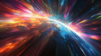 Wall Mural - A colorful explosion in space with a bright orange and blue planet in the middle