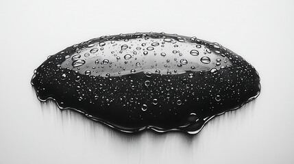 Black liquid puddle with water droplets on a white background.