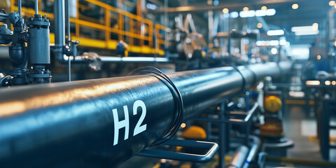 Industrial hydrogen pipeline with clear labeling and equipment in a contemporary manufacturing facility highlighting advanced technology and infrastructure