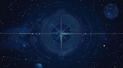 Futuristic compass on a dark space background with constellations and world map.