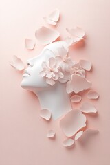 Poster - A minimalistic silhouette of a woman's profile stands out against a clean backdrop. Floating petals and flowers add elegance in soft pink and white tones, creating a serene and modern atmosphere