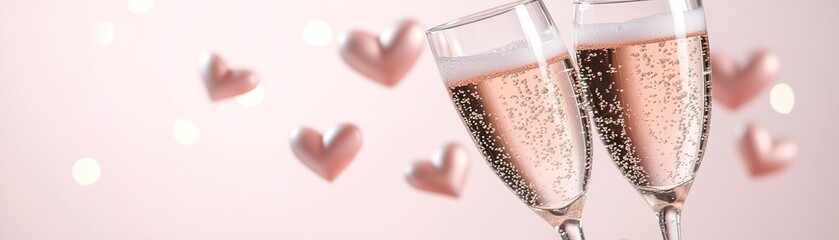 Two stylish champagne glasses filled with sparkling drink are beautifully arranged against a soft pastel background. Heart-shaped bubbles float above, adding a touch of romance for celebrations