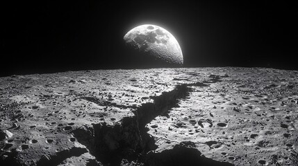stunning black and white moon landscape with earth in background