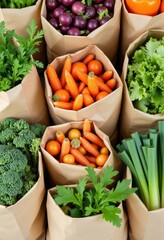 Wall Mural - Paper bags with carrots, radishes, tomatoes, broccoli, leeks and lettuce