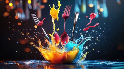 Wall Mural - Colorful paint splash with cutlery.