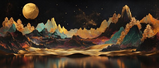 Wall Mural - Experience the enchanting beauty of a night landscape with colorful mountains, a golden moon, vibrant swaying trees, and shimmering waves against a deep black backdrop that captivates the senses