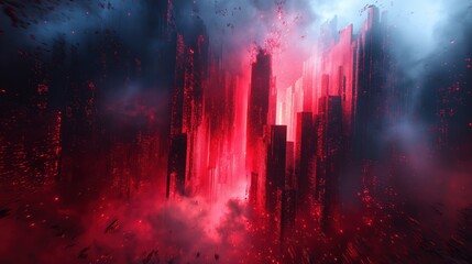 Wall Mural - A cityscape with red buildings and a red sky