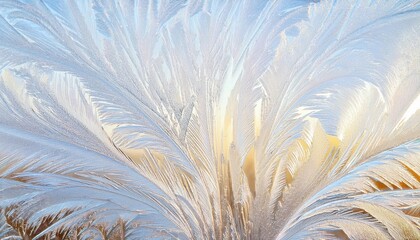 Poster - frosted windowpane pattern with radiant sunrise glow, natural icy feather motif, delicate texture, winter abstract background