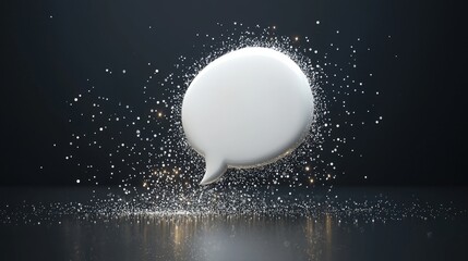 Wall Mural - white speech bubble with sparkling particles on dark background representing communication and conve