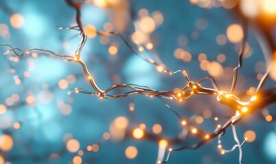 Poster - Glowing branches with lights against a soft blue background, creating a dreamy atmosphere