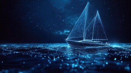 Wall Mural - Abstract digital sailboat on dark blue water at night.